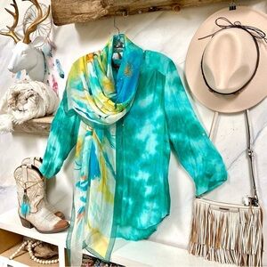 Aqua dream SILK SCARF/body wrap w abstract floral and resort vacay beach vibe